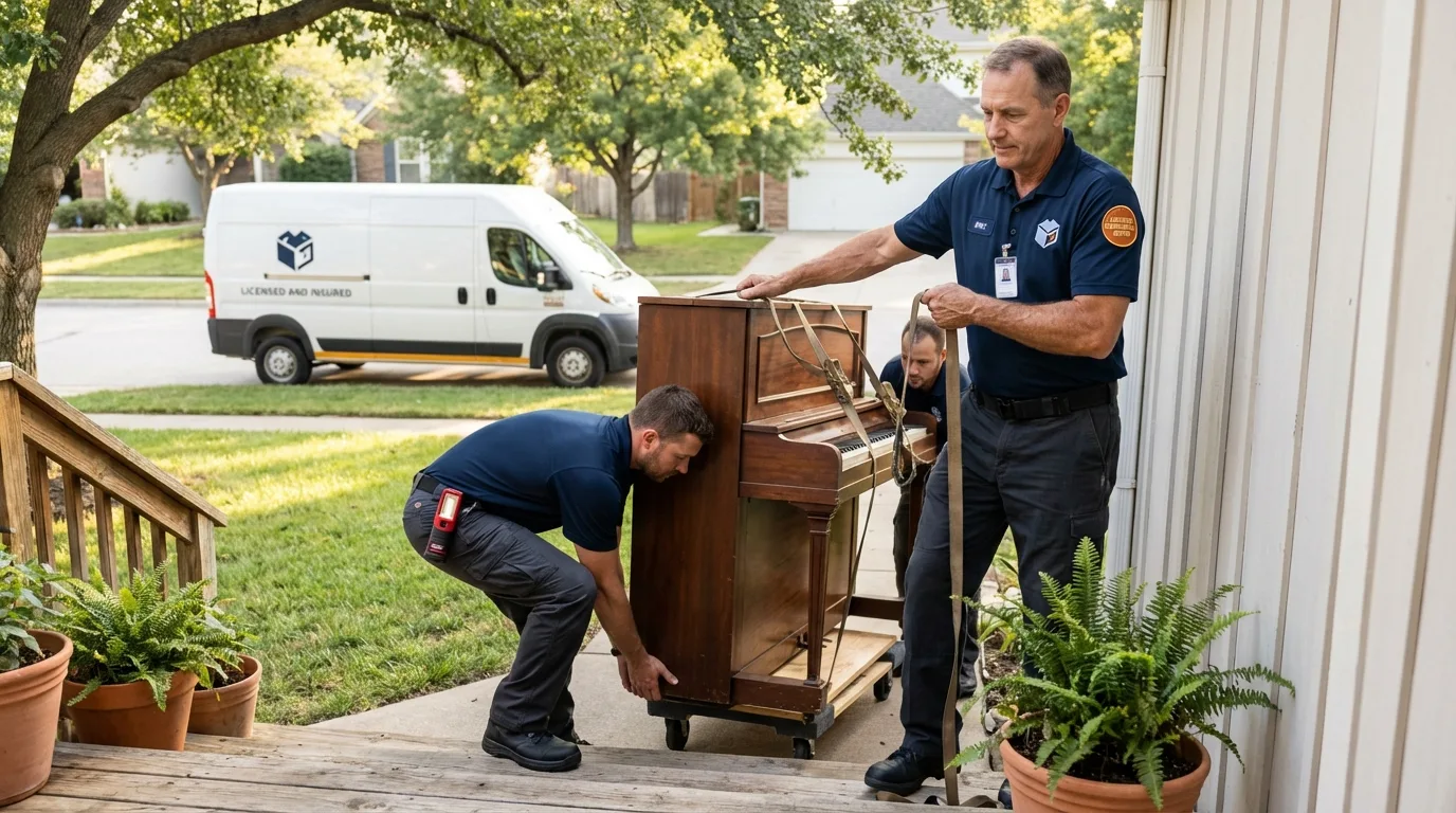Licensed piano movers securing grand piano in Ashland, MO