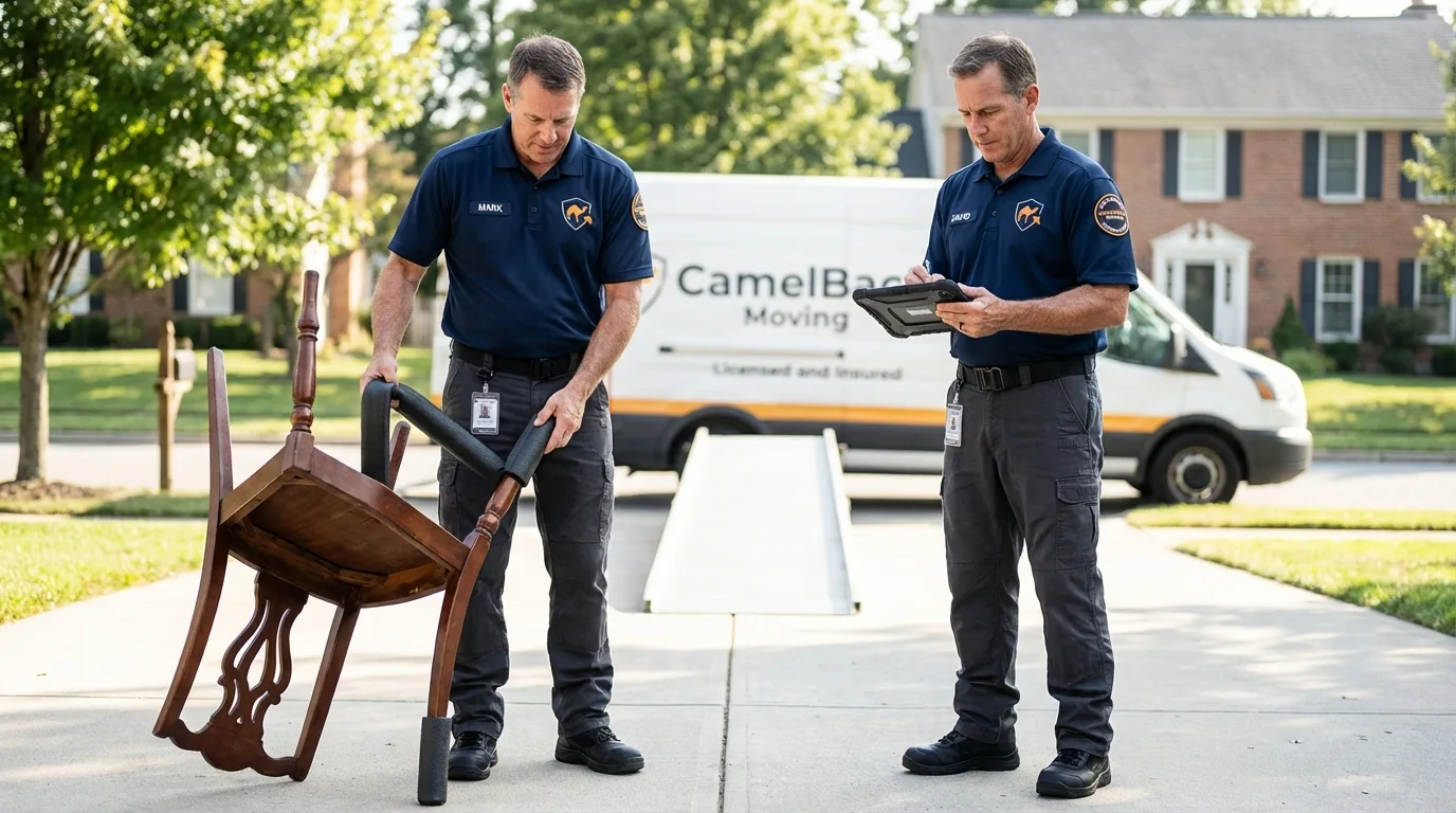 Movers inspecting furniture for damage prevention before loading in Ashland, MO