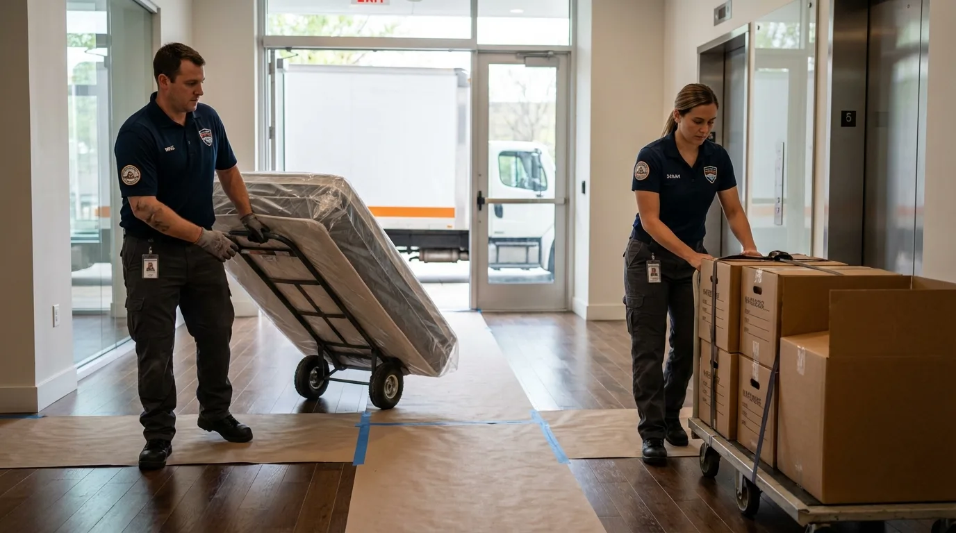 Professional apartment movers loading elevator in Ashland, MO